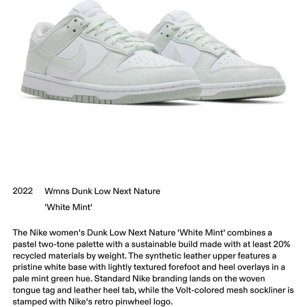 Woman’s size 8 Nike low dunks. Color “white mint”